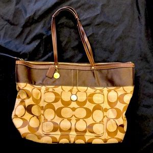 Authentic Coach signature C shoulder tote 20x14 . Gently loved. Brown and tan